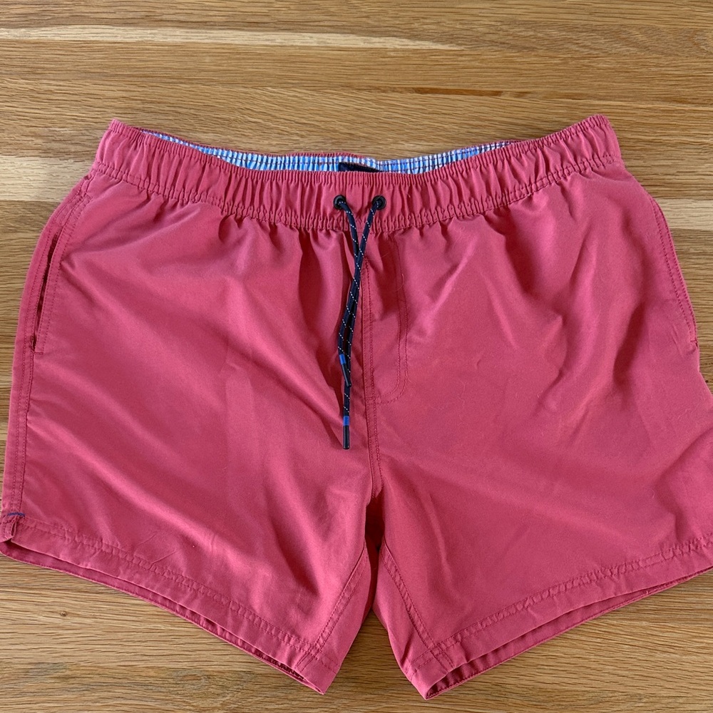 Joules Men's Light Red Swim Trunks with Drawstring and Side Pockets. Soft Fabric